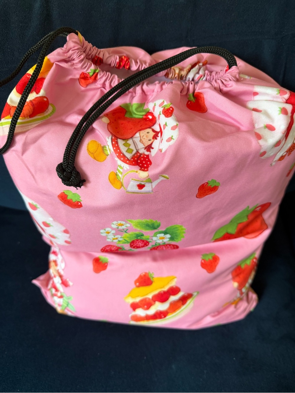 Pink Strawberry Print Drawstring Bedding Sheet Bag